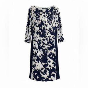 Lauren Ralph Lauren Navy Blue White Tan Abstract Print Sheath Dress Size 16
